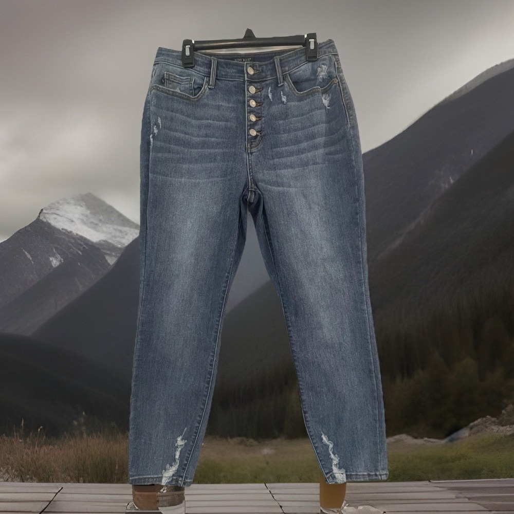 Judy Blue Jeans Womens 11 30 Blue Boyfriend High Rise Distressed Button Fly